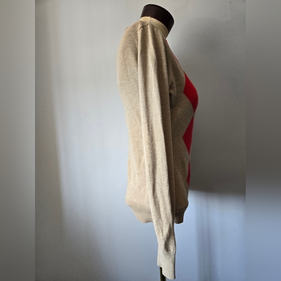 Esprit V-Neck Cotton Sweater Tan with Red, Yellow, Argyle. Size Amall - Picture 4 of 9